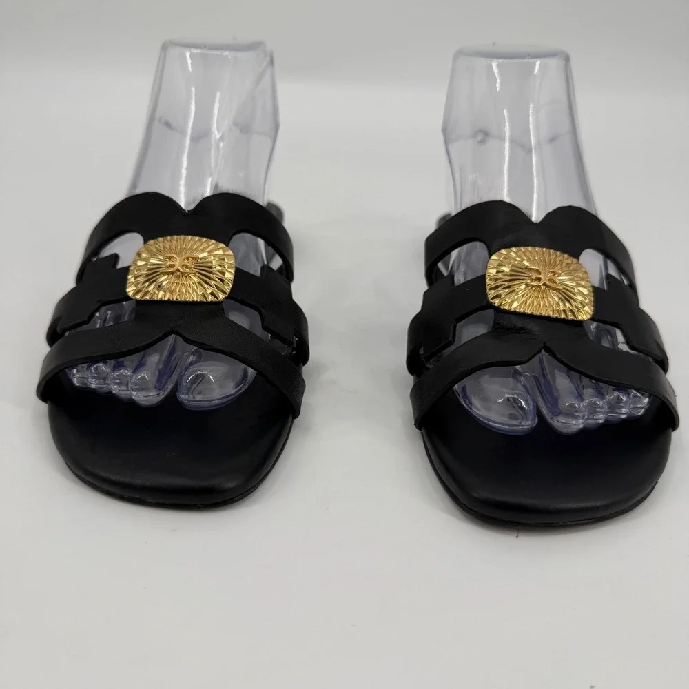 Sam Edelman Bay Radiant Black Leather Gold Medallion Slide Sandals 9.5M